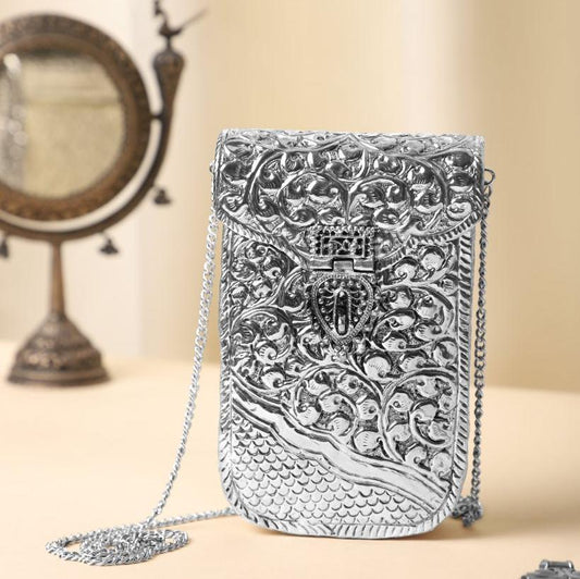 Metal Silver Vertical Vintage Brass Phone Clutch Bag for Women I Free Mug