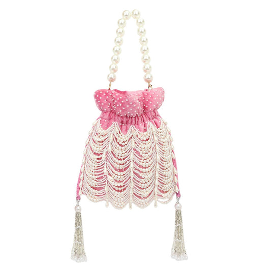 Pearl Pink Embroidered Velvet Potli Bag for Party & Traditional Wear