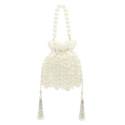 Pearl White Embroidered Velvet Potli Bag for Party & Traditional Wear