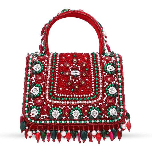 Hand-Embroidered Mini Bridal Wedding Bag - Red Beaded Designer Purse for Brides