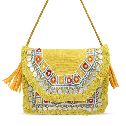 Yellow Coin Mirror Banjara Bag – Boho Clutch, Beaded Bohemian Purse with Tassels & Embroidery