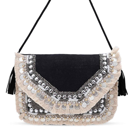 Boho Banjara Embellished Crossbody Black Bag – Handmade Bohemian Festival Purse