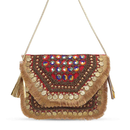 Boho Banjara Embellished Crossbody Red Bag – Handmade Bohemian Festival Purse