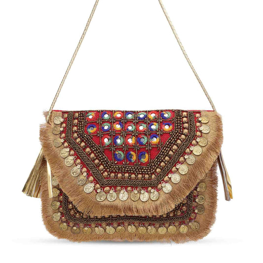 Boho Banjara Embellished Crossbody Red Bag – Handmade Bohemian Festival Purse