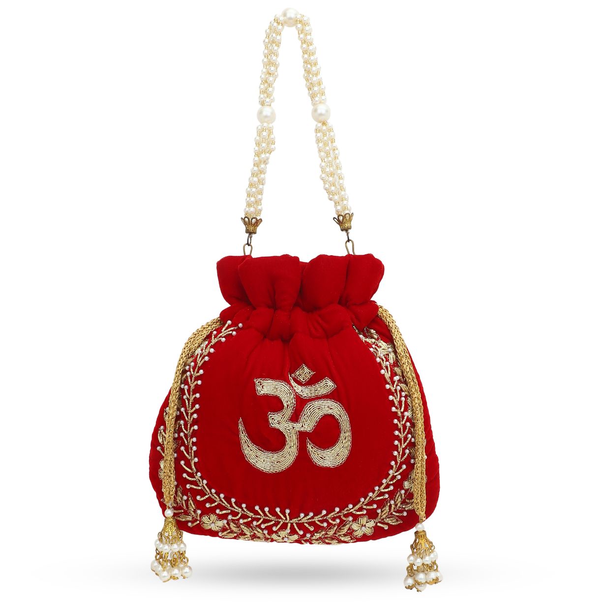 Red Velvet Potli Bag with Gold Embroidery & Om Design