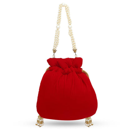 Red Velvet Potli Bag with Gold Embroidery & Om Design