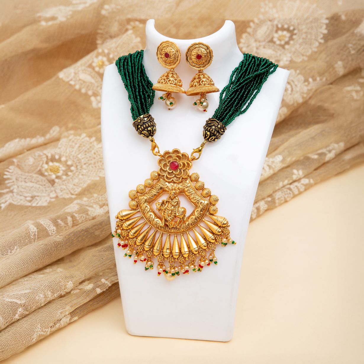 Temple Jewelry Green Bead Necklace with Radha Krishna Pendant for Party Wear