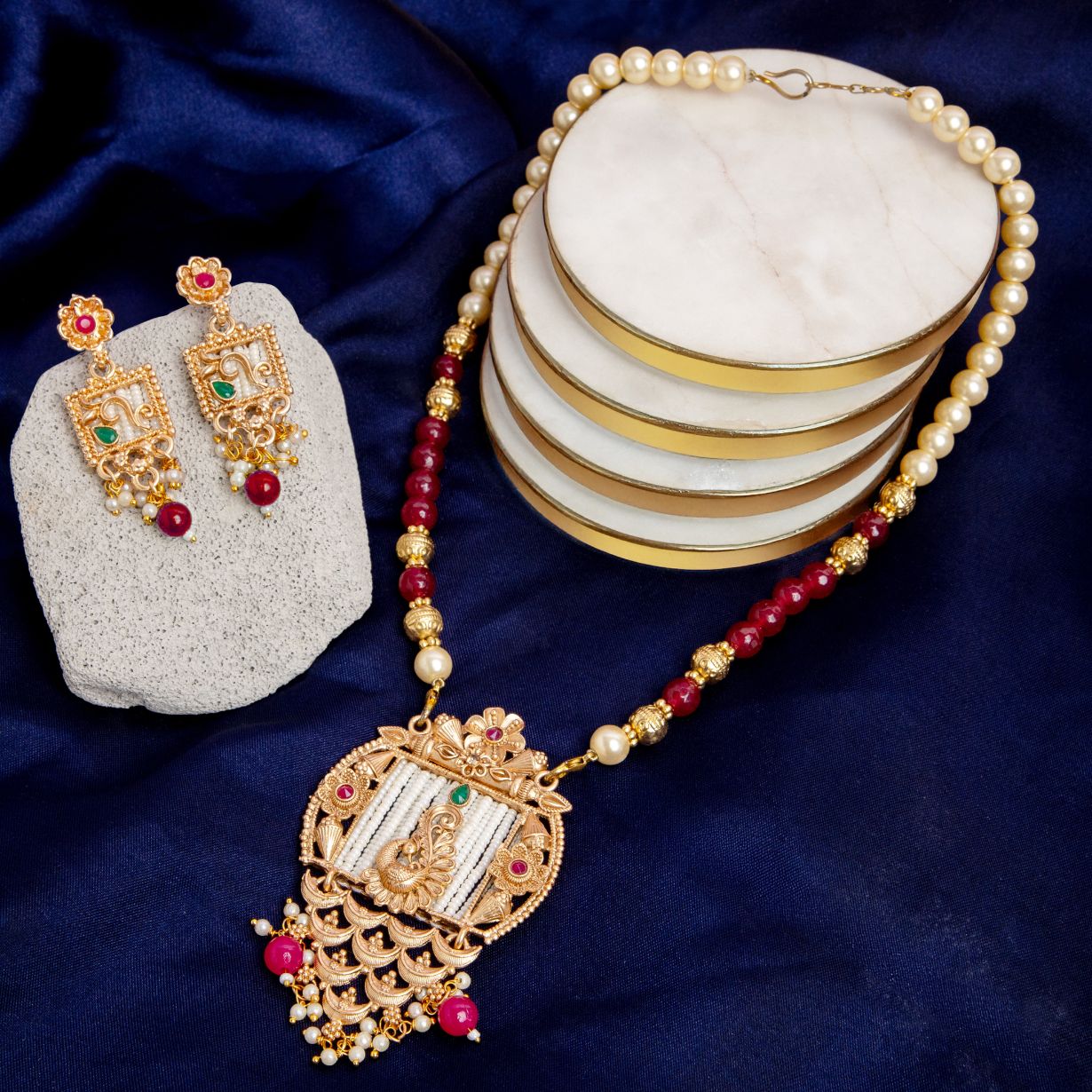 Beaded Necklace Set | Peacock and Floral Design Pendant Set | Indian Jewelry