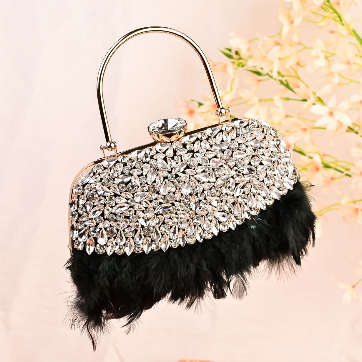 Feather Black Crystal Embellished Clutches for Woman