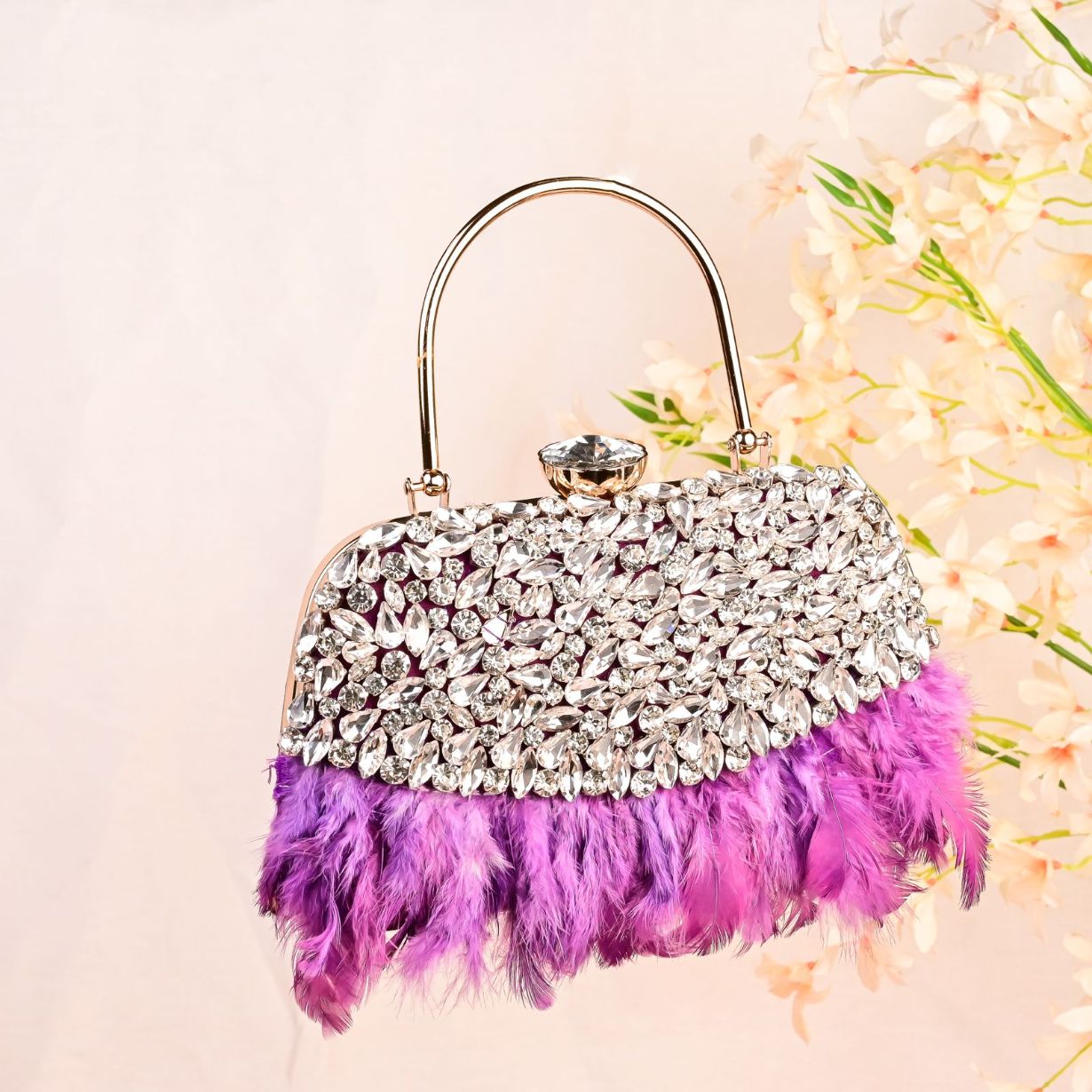 Feather Purple Crystal Embellished Party Clutch Bag