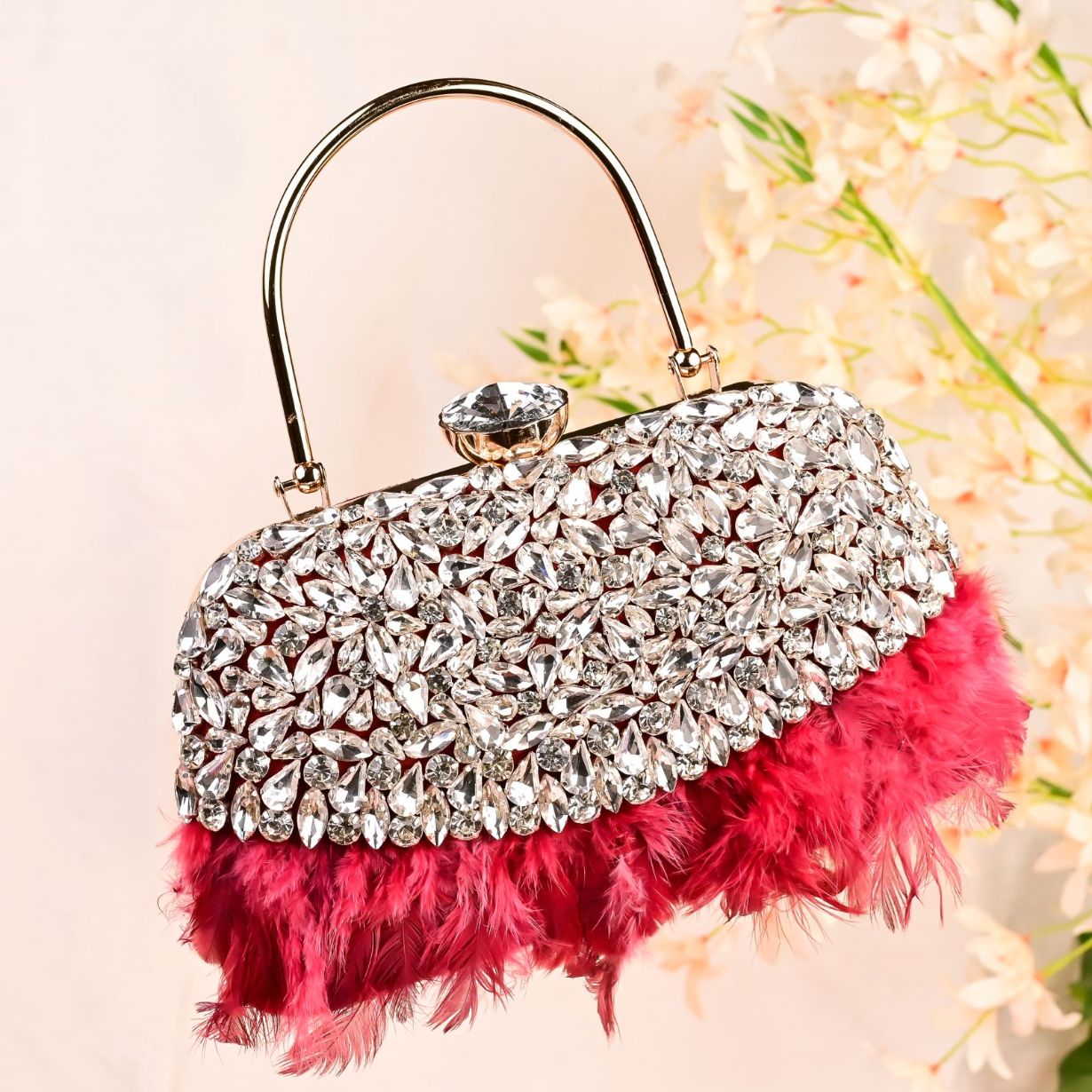 Feather Red Crystal Embellished Woman Clutch Bag