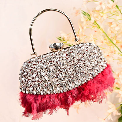 Feather Red Crystal Embellished Woman Clutch Bag
