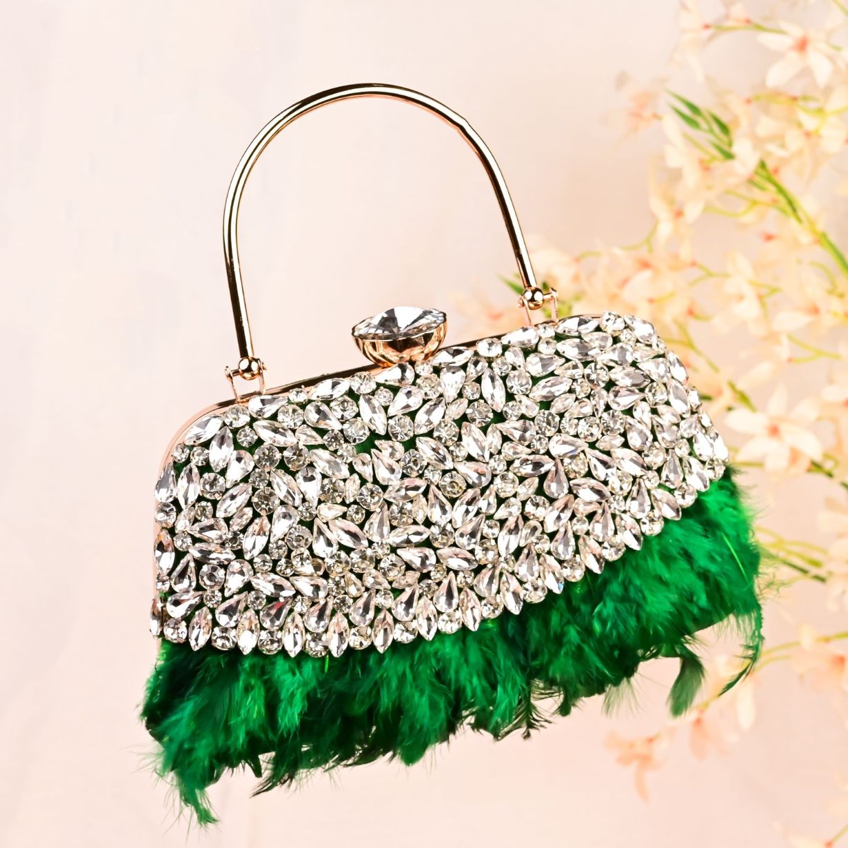 Feather Green Crystal Embellished Party Clutch Bag