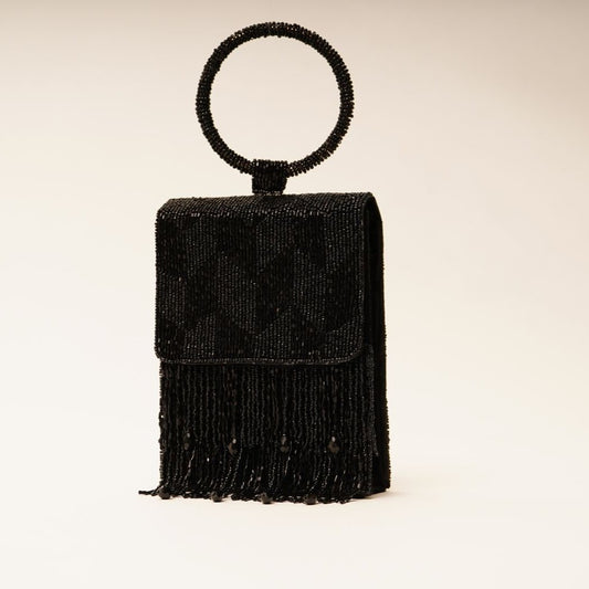 Black Vertical Embroidery Flap HandBag with Ring Handle