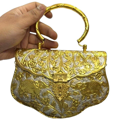 Vintage Golden Silver Matka Brass Metal Party Clutch for Women