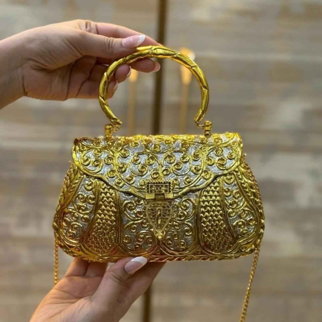 Vintage Golden Silver Matka Brass Metal Party Clutch for Women