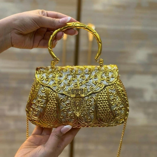 Vintage Golden Silver Matka Brass Metal Party Clutch for Women