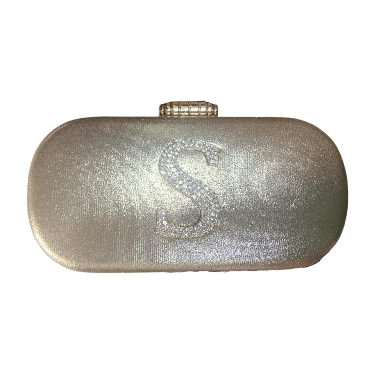 Customizable Golden Clutch Bag with Pearl Handle & Rhinestone Initial