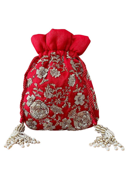 Bridal Designer Red Silk Zardozi Embroidery Wedding Potli Bag