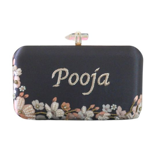 Customized Grey Embroidery Name Highlight Party Clutch